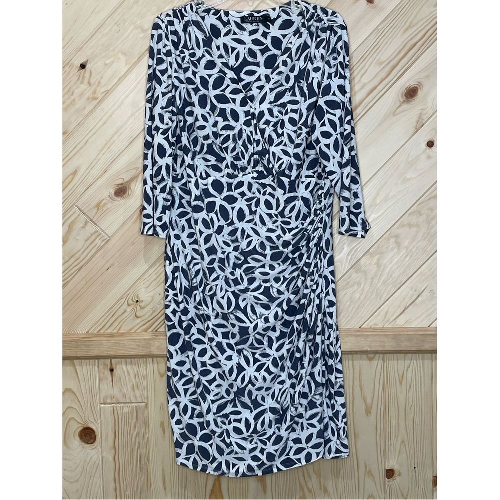 Lauren Ralph Lauren Womens Shift Dress V Neck Midi Stretch Floral 16W White Gray